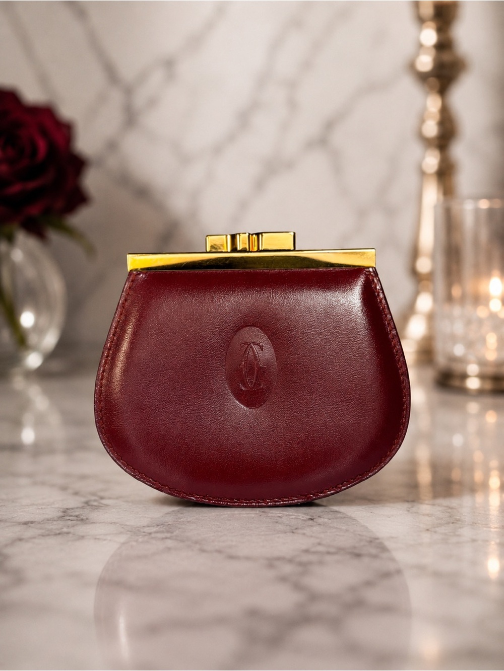 Cartier Vintage Coin Purse / Kiss Lock Coin Pouch Bordeaux Leather | Full Set